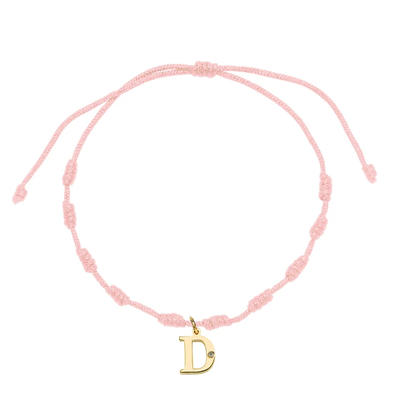 Pulsera Essenza Hilo Nudos Rosa con Iniciales en Oro Amarillo 9 Kilates y Diamante