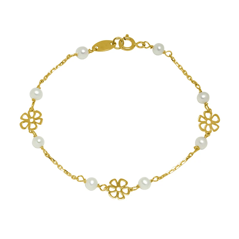 Pulsera Luan de Bebé con Flores y Perlas de Oro 9K