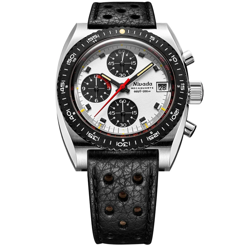 Nivada Grenchen Autochron Mecaquartz 38mm Panda Chronograph White Dial Leather Mens Quartz Watch 77006Q10