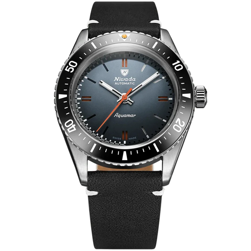 Nivada Grenchen Aquamar 38mm Grey Dial Leather Mens Automatic Watch 32077A15