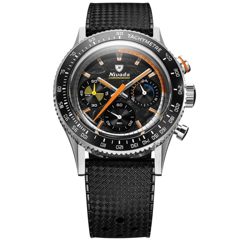 Nivada Grenchen Chronoking Mecaquartz Racing Carbon 38mm Limited Edition Chronograph Black Dial Rubber Mens Quartz Watch 87049Q01