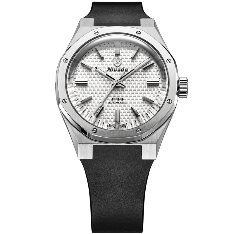 Nivada Grenchen F77 MK2 38mm White Dial Rubber Mens Automatic Watch 68046A77-DR
