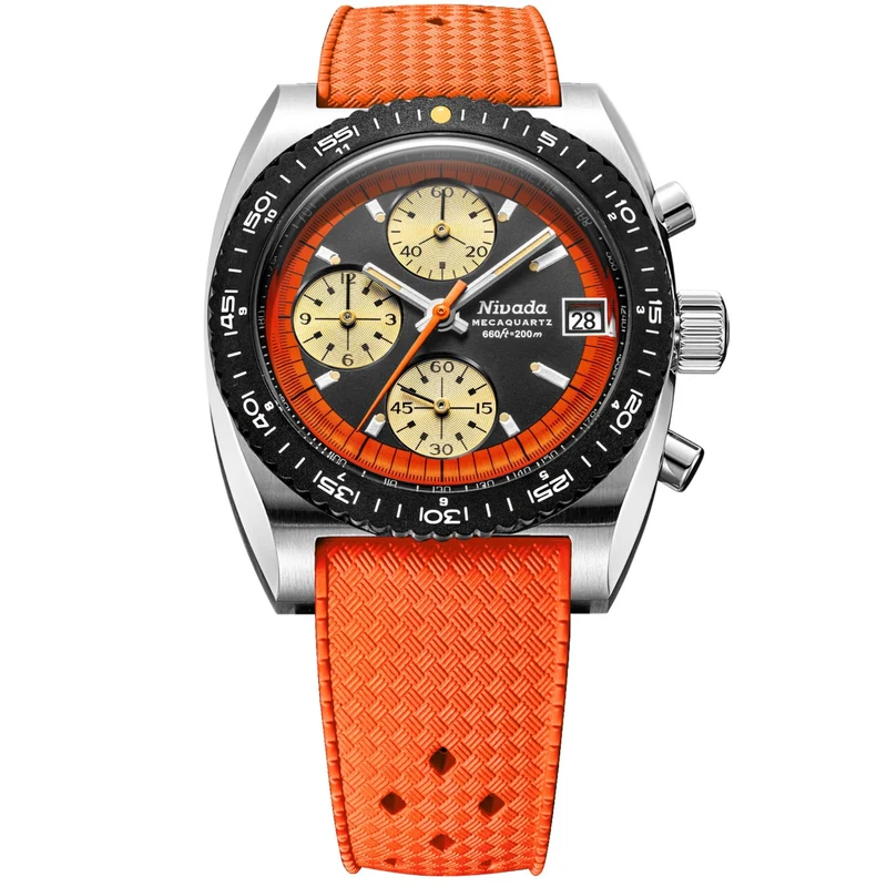 Nivada Grenchen Autochron Mecaquartz 38mm Orange Chronograph Black Dial Rubber Mens Quartz Watch 77004Q27