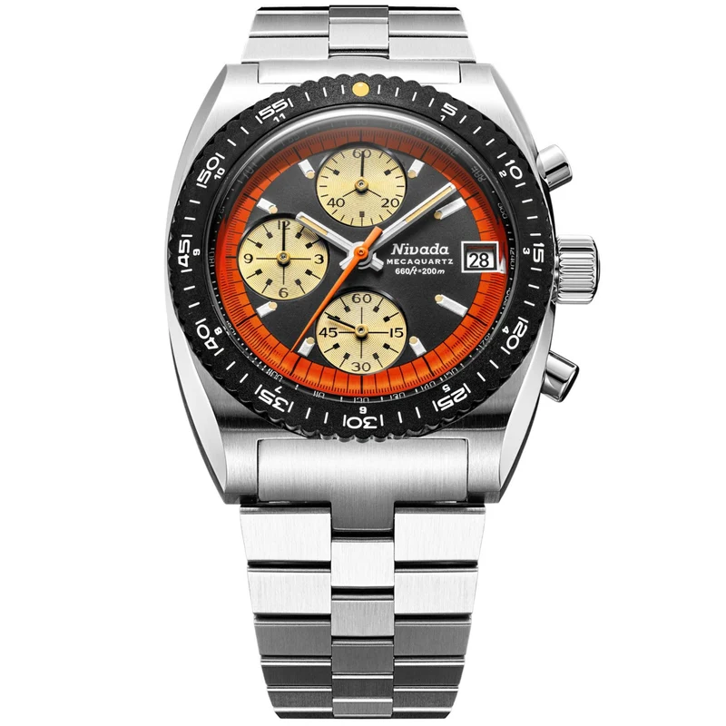 Nivada Grenchen Autochron Mecaquartz 38mm Orange Chronograph Black Dial Steel Mens Quartz Watch 77004Q45
