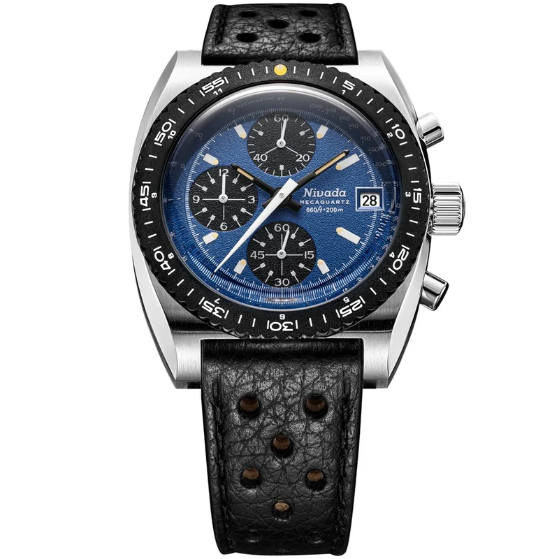 Nivada Grenchen Autochron Mecaquartz 38mm Chronograph Blue Dial Leather Mens Quartz Watch 77005Q10