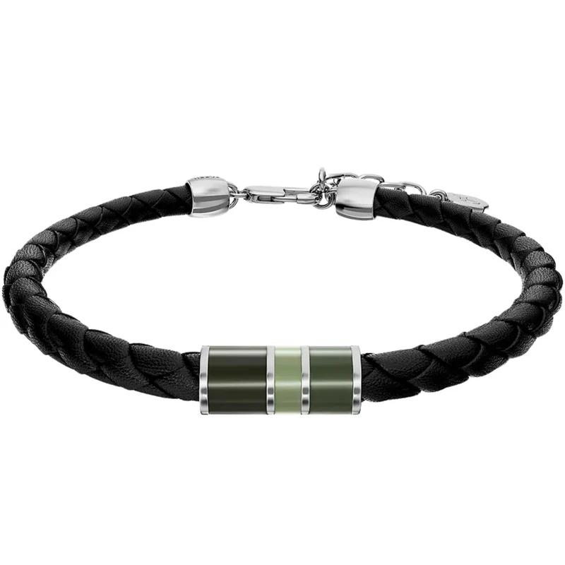 Fossil Everett Enamel Black Leather Station Mens Bracelet JF05024040