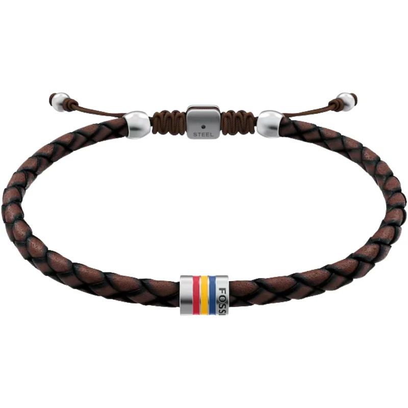 Fossil Everett Enamel Brown Leather Station Mens Bracelet JF05022040