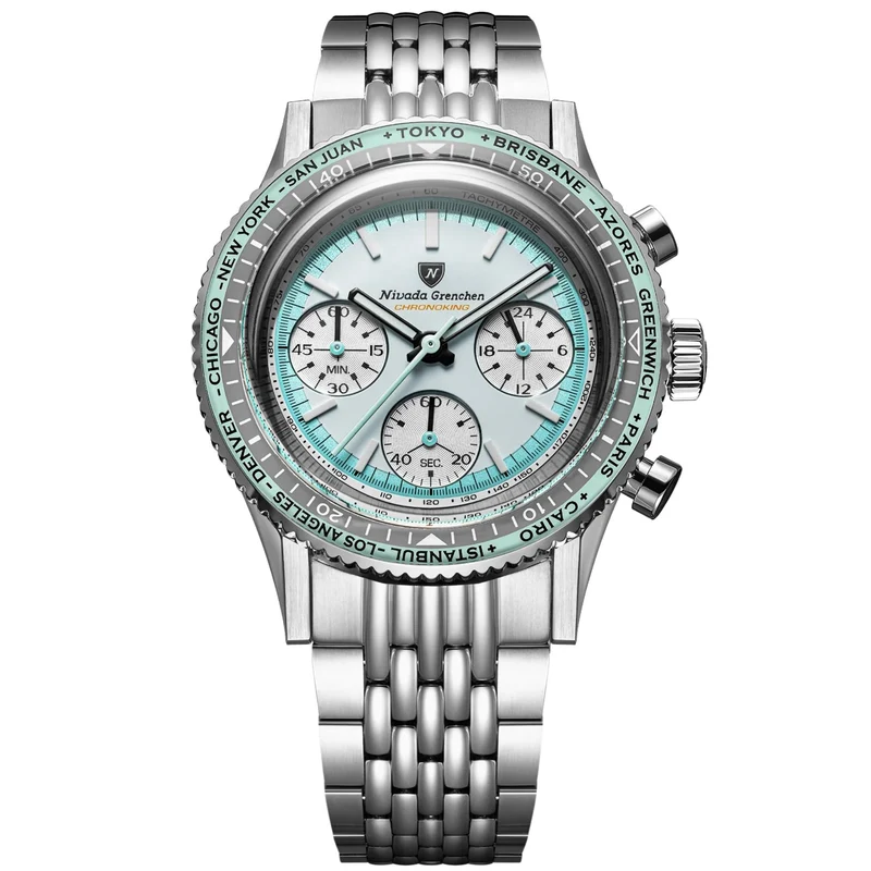 Nivada Grenchen Chronoking Racing 38mm Chronograph White Dial Steel Mens Mecaquartz Watch 87056Q04