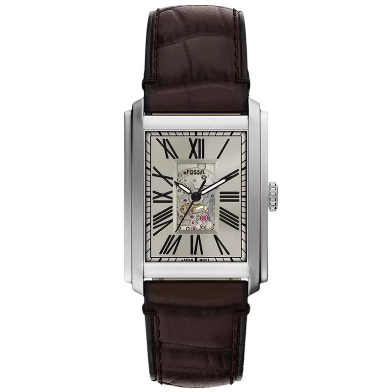 Fossil Carraway 30mm Open Heart Beige Dial Leather Mens Automatic Watch ME3272