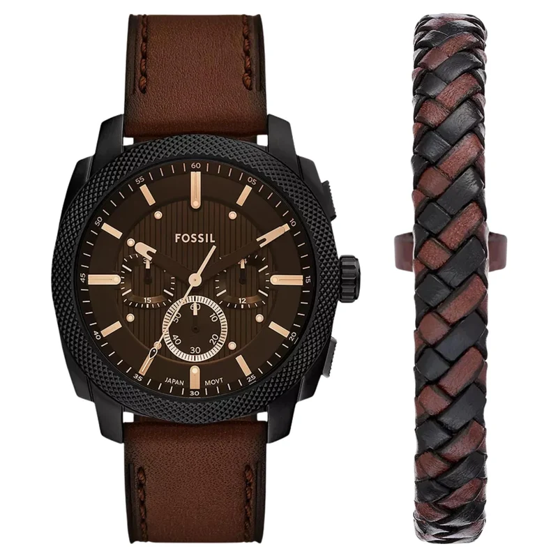 Fossil Machine 44mm Chronograph Black Dial Leather Mens Quartz Watch FS6102SET