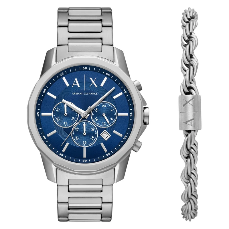 Armani Exchange Banks 44mm Blue Dial Steel Mens Quartz Watch AX7176SET
