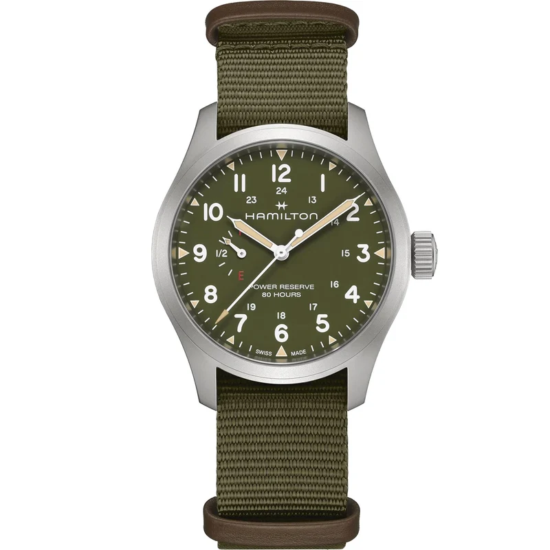 Hamilton Khaki Field 40mm Power Reserve Green Dial NATO Mens Manual-Wind Watch H69509960