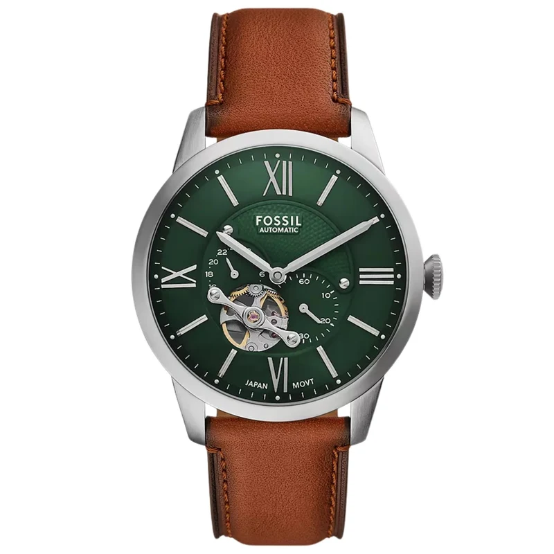Fossil Townsman 44mm Open Heart Green Dial Leather Mens Automatic Watch ME3265