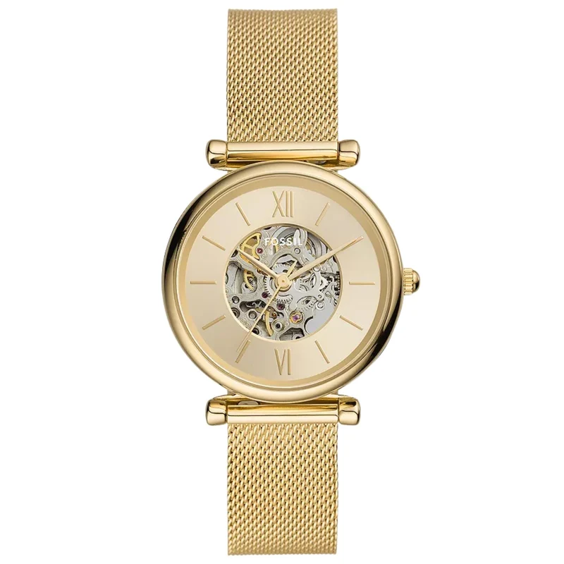 Fossil Carlie 35mm Skeleton Gold Dial Steel Ladies Automatic Watch ME3250