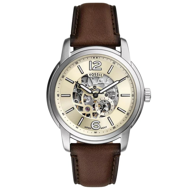 Fossil Heritage 43mm Skeleton Cream Dial Leather Mens Automatic Watch ME3264