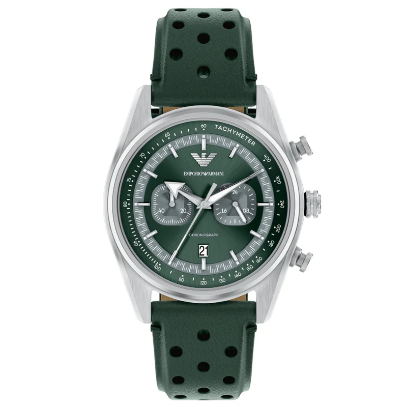 Emporio Armani Racer 42mm Chronograph Green Dial Leather Mens Quartz Watch AR11782