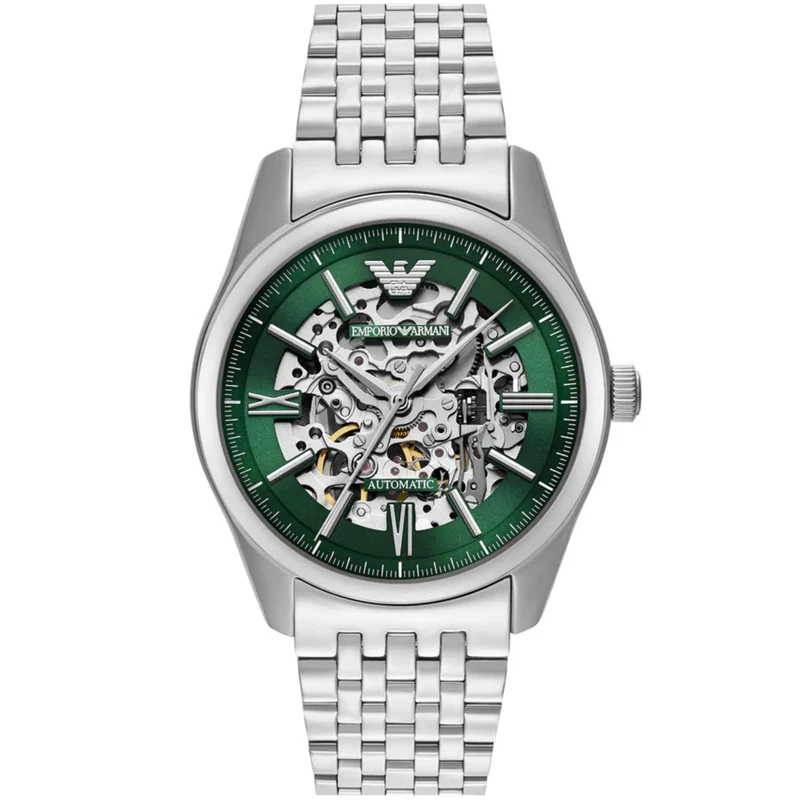 Emporio Armani Antonio 43mm Skeleton Green Dial Steel Mens Automatic Watch AR60091