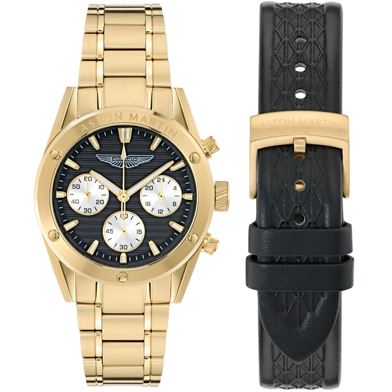 Aston Martin Icon BST BST 38mm Chronograph Black Dial Yellow Gold RSST Bracelet and Black Leather Strap Mens Quartz Watch MTIB2S601