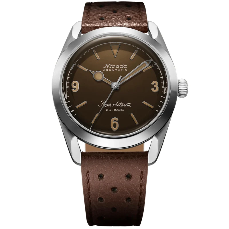 Nivada Grenchen Super Antarctic 38mm Tropical Brown Dial Leather Mens Automatic Watch 32031A10