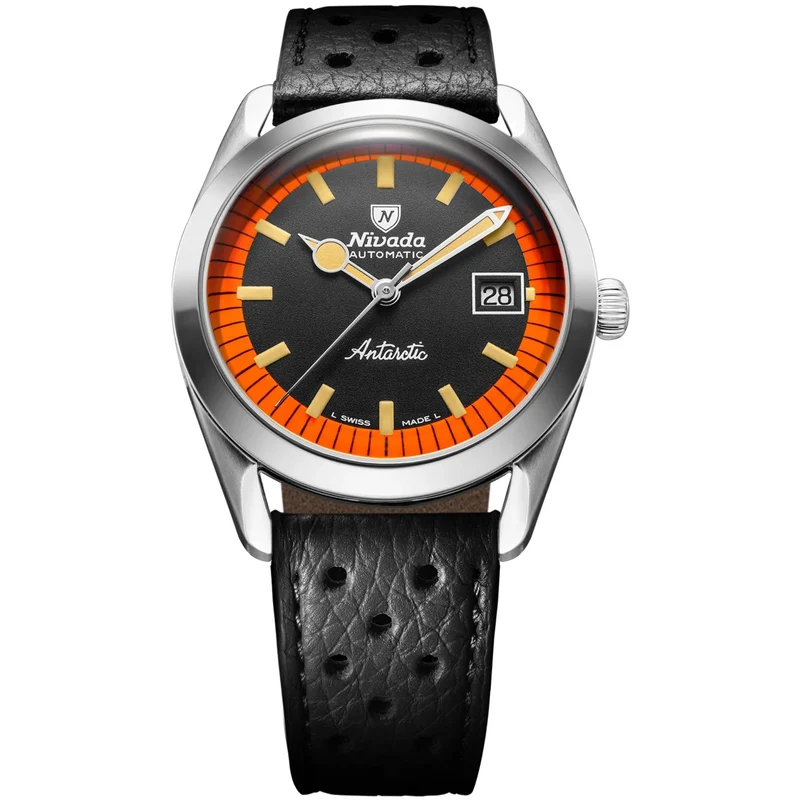 Nivada Grenchen Super Antarctic 38mm Limited Edition Black Dial Leather Mens Automatic Watch 32056A10