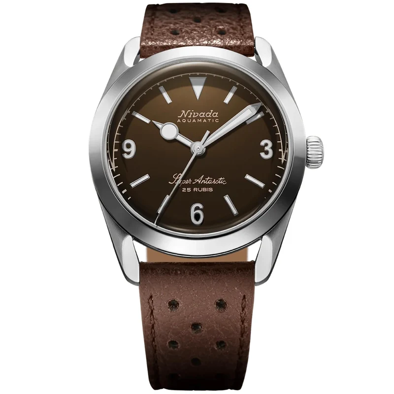 Nivada Grenchen Super Antarctic 38mm Brown Dial Leather Mens Automatic Watch 32040A23