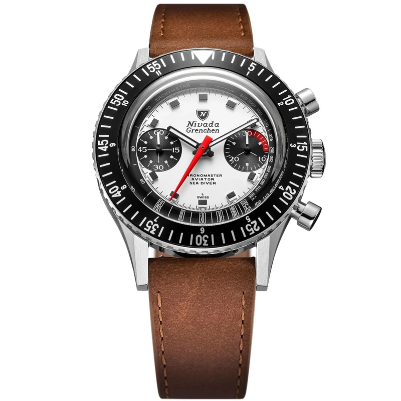 Nivada Grenchen Chronomaster Panda 38mm White Dial Leather Mens Manual-Wind Watch 86054M16
