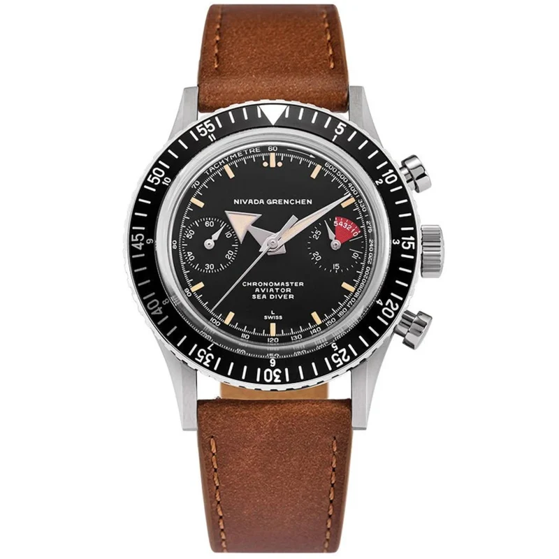 Nivada Grenchen Chronomaster Broad Arrow 38mm Chronograph Black Dial Leather Mens Manual-Wind Watch 86056M16