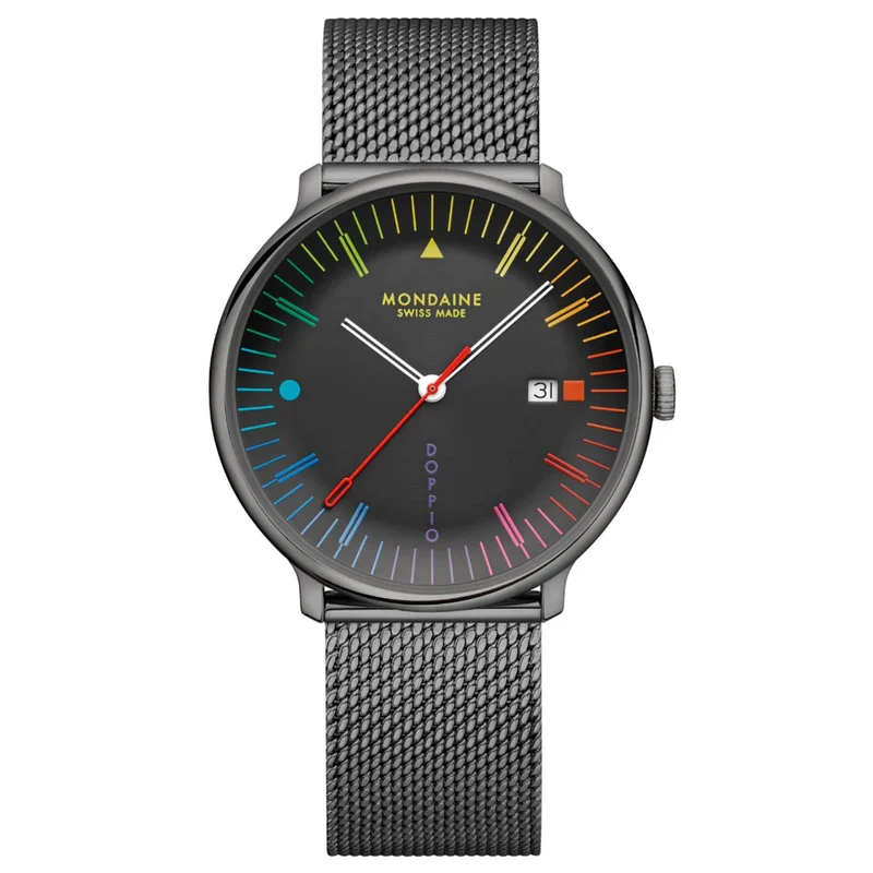 Mondaine Doppio Bauhaus Inspired 41mm Black Dial Steel Mens Quartz Watch MLE.41221.SM