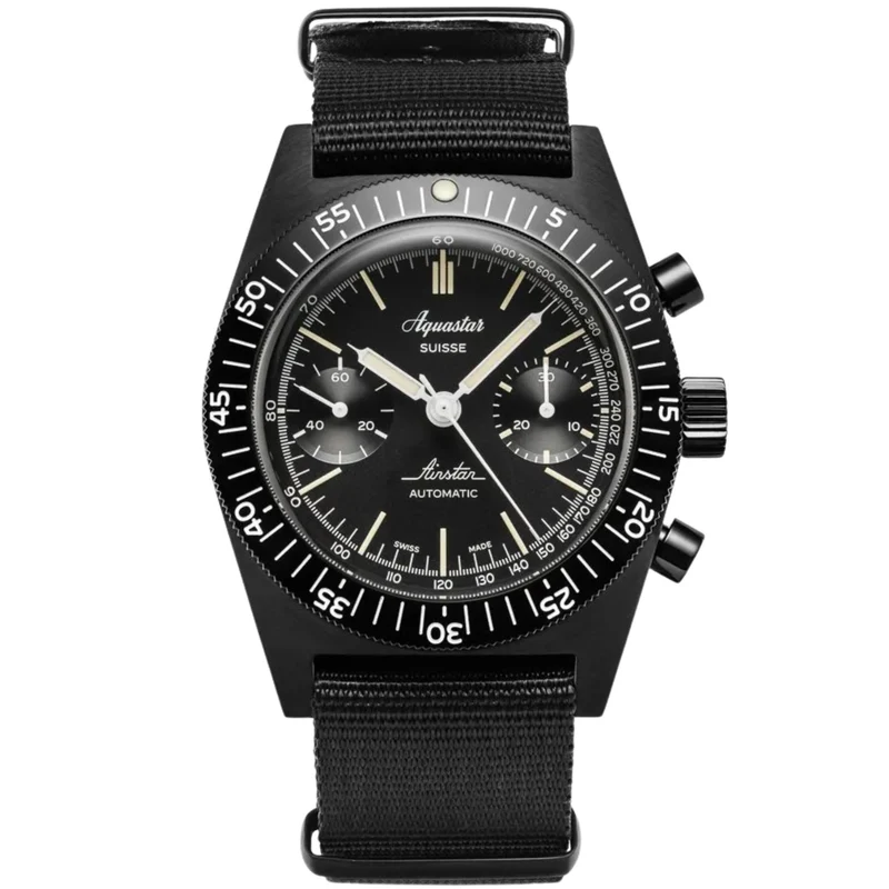 Aquastar Airstar 39mm Chronograph 60th Anniversary Re-Edition Black Dial NATO & Tropic Mens Automatic Watch AIRSTAR-DLC