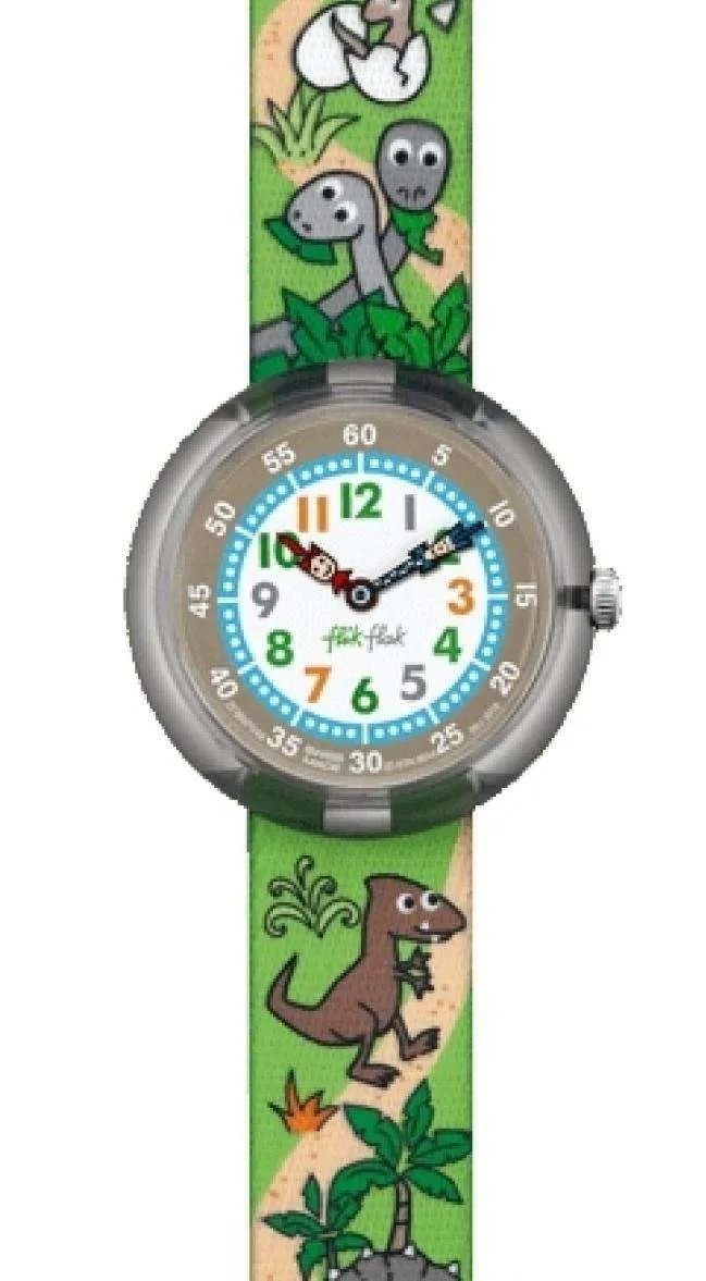 Flik Flak Saureses Return Grey Plastic Case Grey Textile Strap Kids Boys Dinosaur Watch FBNP048 32mm