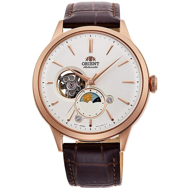 Orient Sun & Moon 42mm White Dial Leather Mens Automatic Watch RA-AS0102S10B