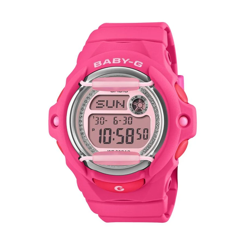 Reloj digital para mujer CASIO BABY-G BG-169KB-4B1JF JDM con esfera brillante rosa y protector frontal.