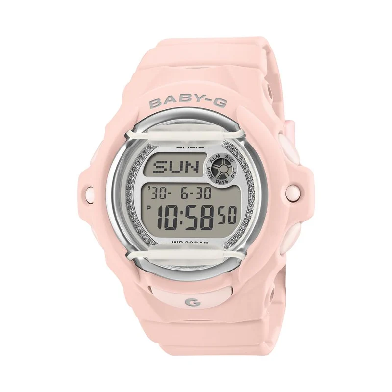 Reloj digital para mujer CASIO BABY-G BG-169KB-4JF JDM con esfera brillante rosa y protector frontal.