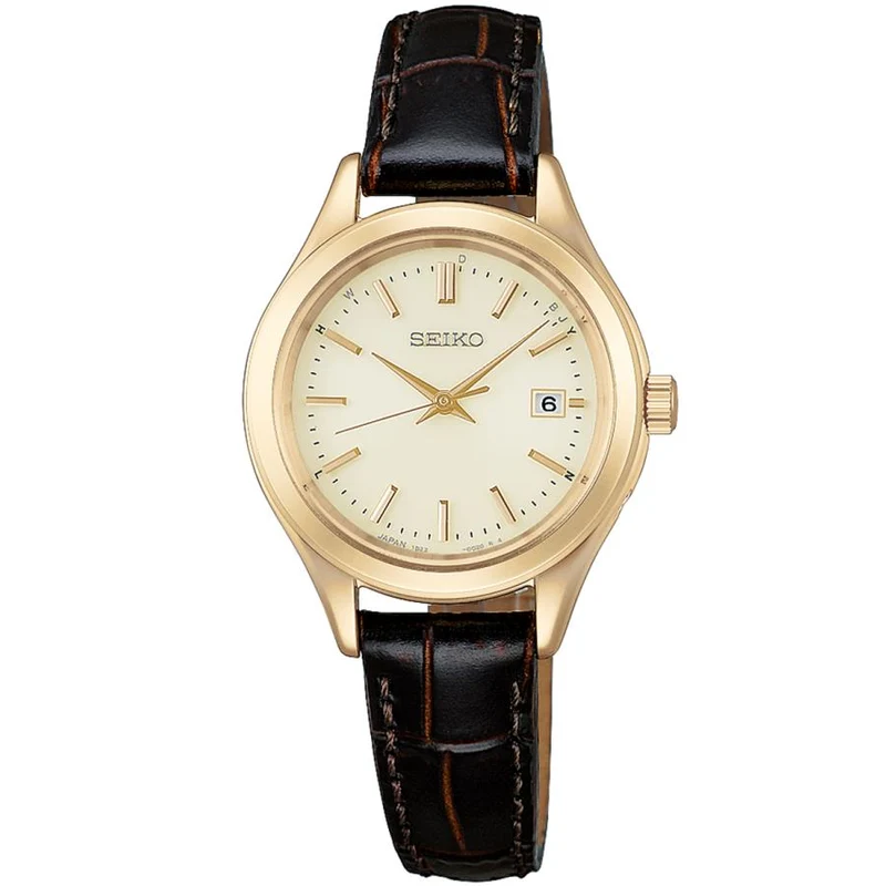 SEIKO SELECTION Serie S HFE004J JDM Solar Radio Esfera dorada Correa marrón Elegante reloj de mujer fabricado en Japón