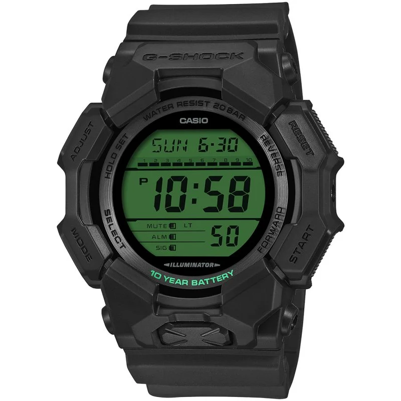 Reloj digital JDM para hombre CASIO G-SHOCK GD-010BEG-1JF negro con detalles en verde eléctrico y batería de 10 años.