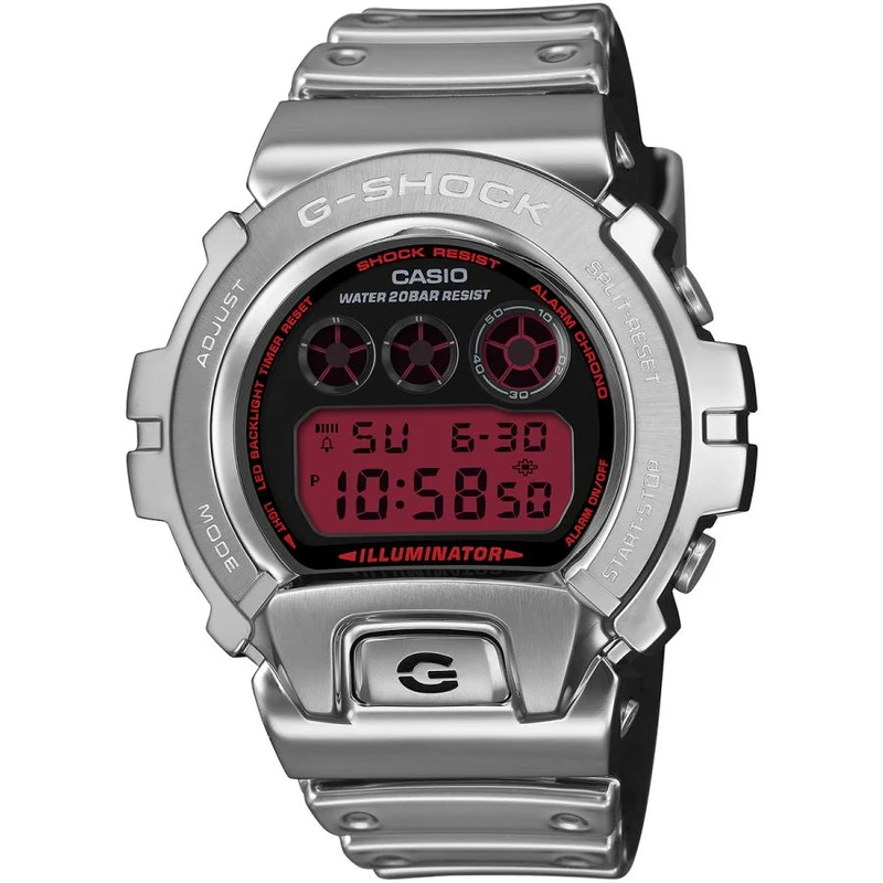 Reloj CASIO G-SHOCK GM-6900YRA-8JF de la serie Fine Metallic con pantalla roja y bisel de metal plateado para hombre.