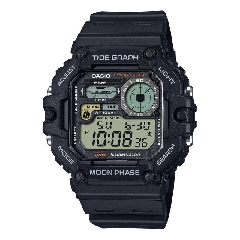 Reloj de hombre CASIO COLLECTION SPORTS WS-1700H-1AJF JDM negro con gráfico de mareas y datos lunares.
