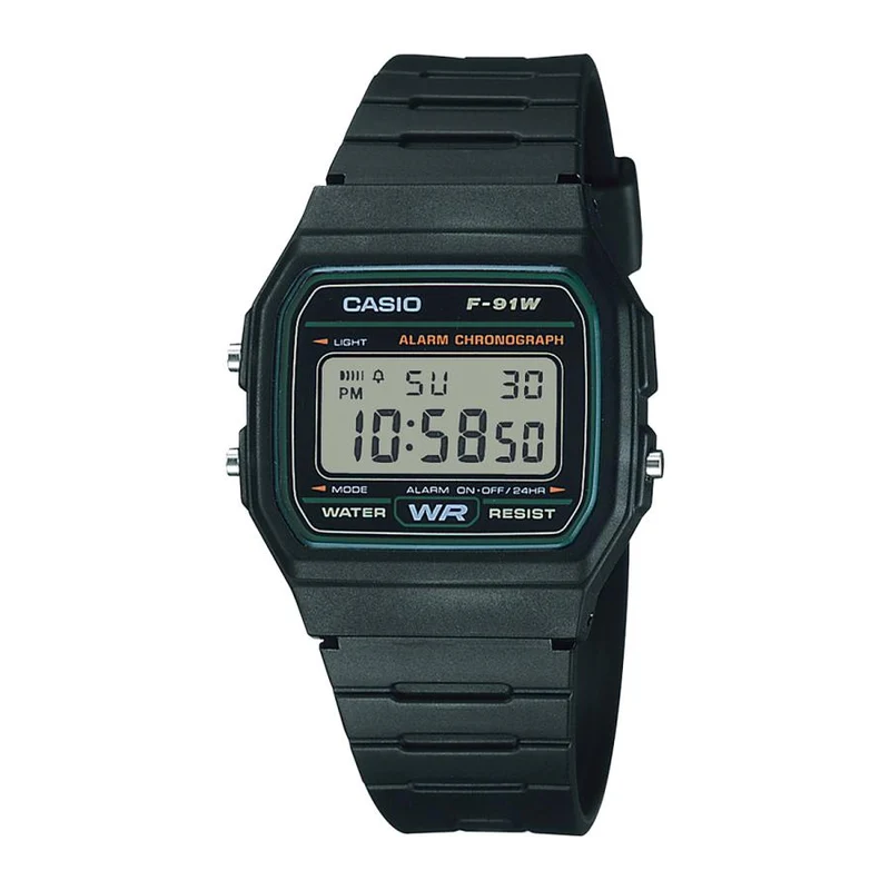 Reloj digital para hombre CASIO COLLECTION STANDARD F-91W-3JH JDM con detalles en verde