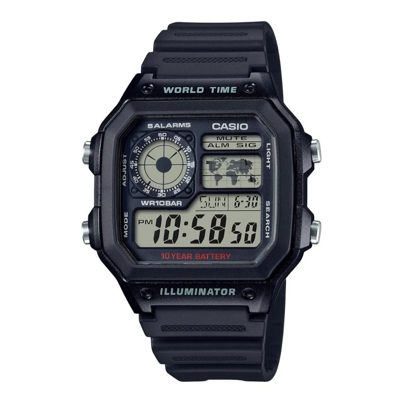 Reloj de hombre CASIO COLLECTION STANDARD AE-1200WH-1AJH JDM negro con función digital y hora mundial.