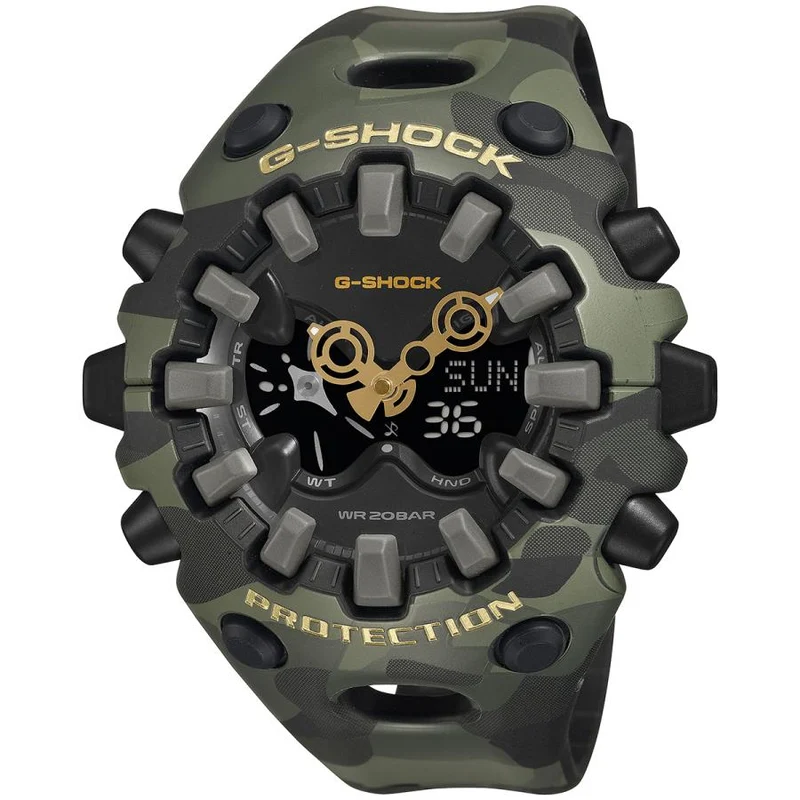 Reloj CASIO G-SHOCK GA-V01CMG-3AJF JDM Bold Camo para hombre, color verde dorado, analógico-digital con pantalla negativa.