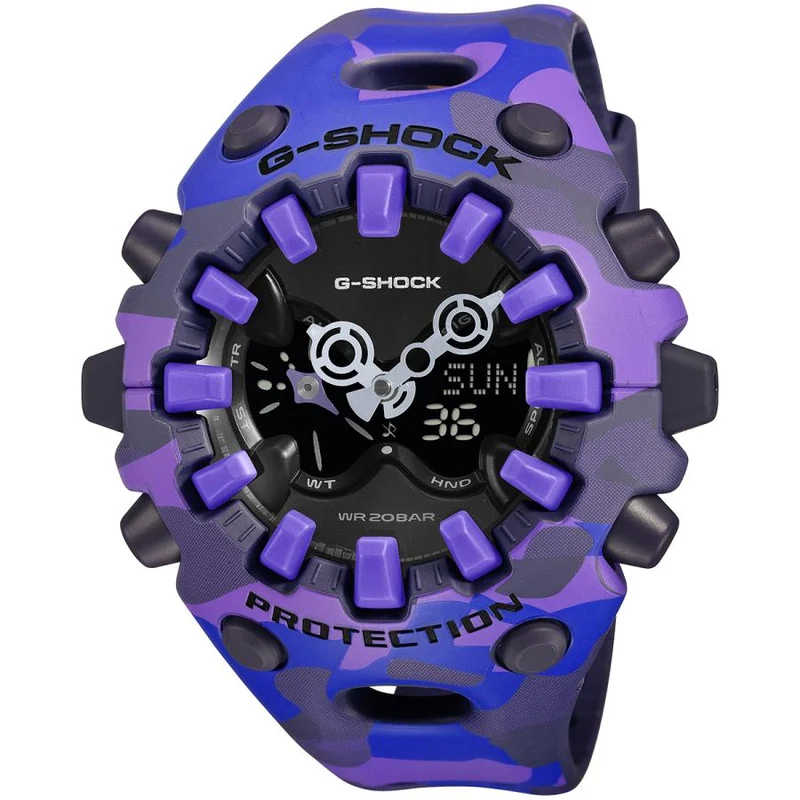 Reloj CASIO G-SHOCK GA-V01CMG-6AJF JDM color camuflaje morado, analógico-digital con pantalla negativa para hombre.