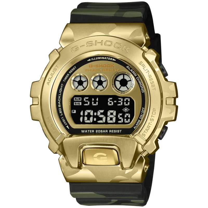 CASIO G-SHOCK GM-6900CMG-3JF JDM BOLD CAMO con caja metálica dorada y pantalla digital