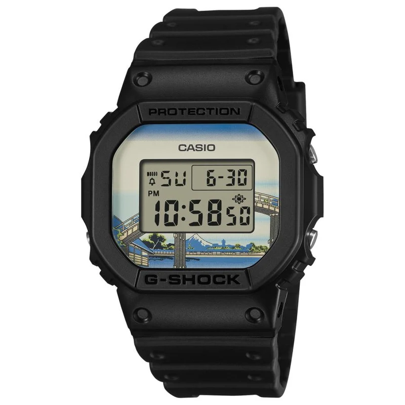 Reloj CASIO G-SHOCK para hombre DW-5600KHFM25-1JR Katsushika Hokusai "Treinta y seis vistas del monte Fuji" bajo el puente Mannenbashi en Fukagawa