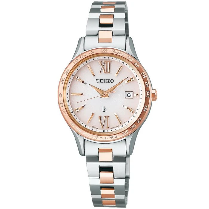 Reloj Seiko Lukia Standard Collection SSVV082 para mujer, radiocontrol solar, hora mundial, oro rosa bitono