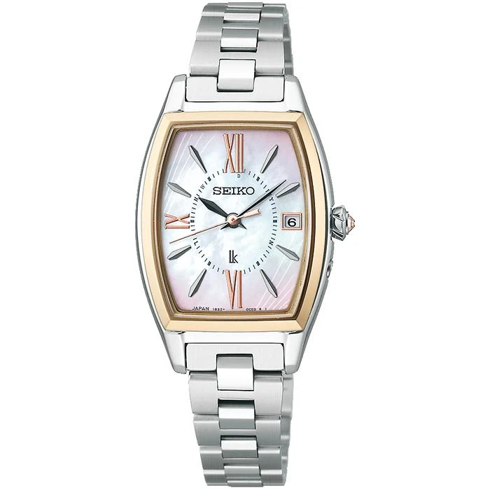 Reloj Seiko Lukia Glow Garnet Glow SSQW076 para mujer, radiocontrol solar, diseño tonneau, titanio, dorado