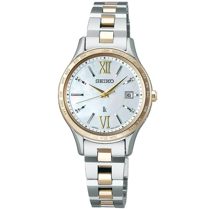 Reloj solar radiocontrolado para mujer Seiko Lukia Standard Collection SSVV084 con función de hora mundial, dorado champán y dos tonos