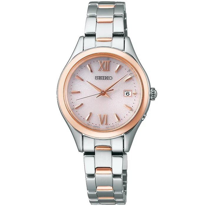 Reloj solar radiocontrolado Seiko Selection S Series SWFH132 para mujer, 3 manecillas, esfera redonda rosa y correa de metal.