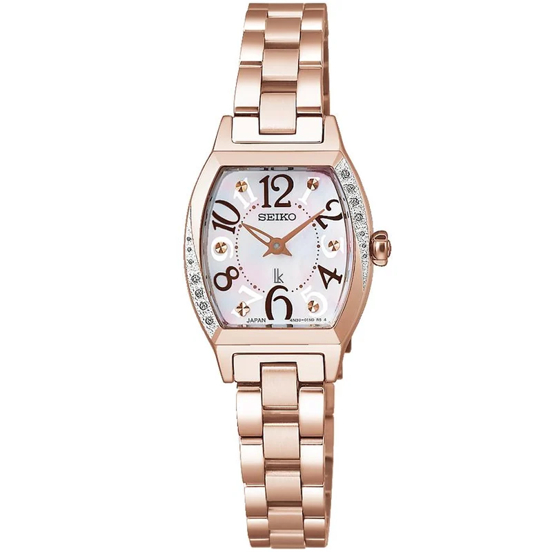 Reloj de cuarzo a batería para mujer Seiko Lukia Happy Collection SSWA016 con movimiento Tonneau, esfera de nácar blanco y caja con diamantes