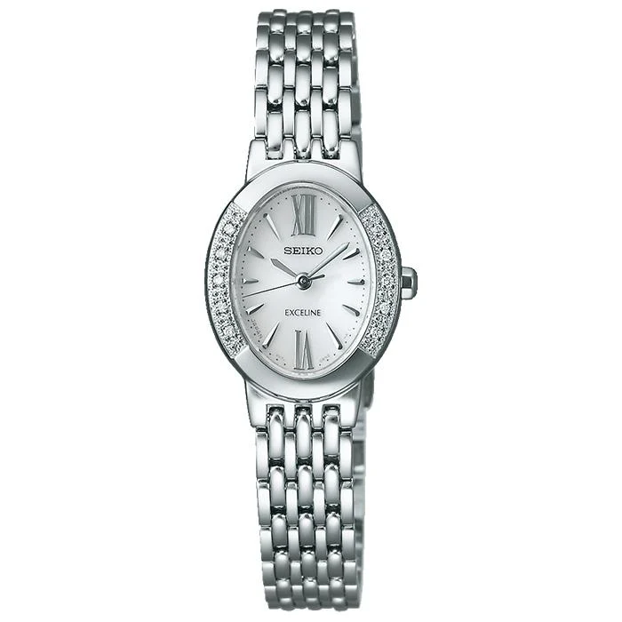 Reloj solar Seiko Dolce & Exceline SWCQ047 para mujer con correa de metal y caja con diamantes, color blanco