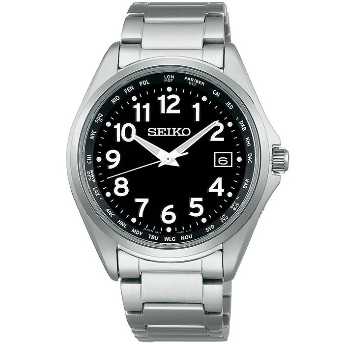 Reloj solar radiocontrolado Seiko Selection SBTM329 para hombre con hora mundial y números arábigos, color negro